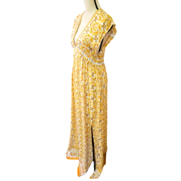 Loveriche Yellow Multi-Color Baroque V-Neckline Front Slit Maxi Dress,Small - Picture 3 of 15